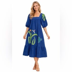 Vintage 70's Ramona Rull Cotton Applique Dress Frog & Dragonfly Size P or Small